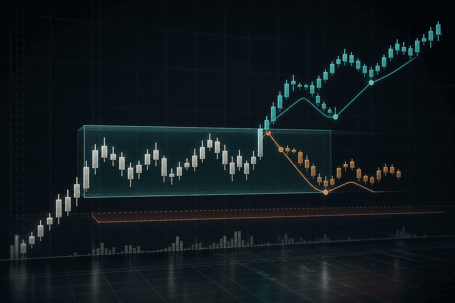 Candlesticks forming a measured opening range with breakout, retest, and invalidation paths.