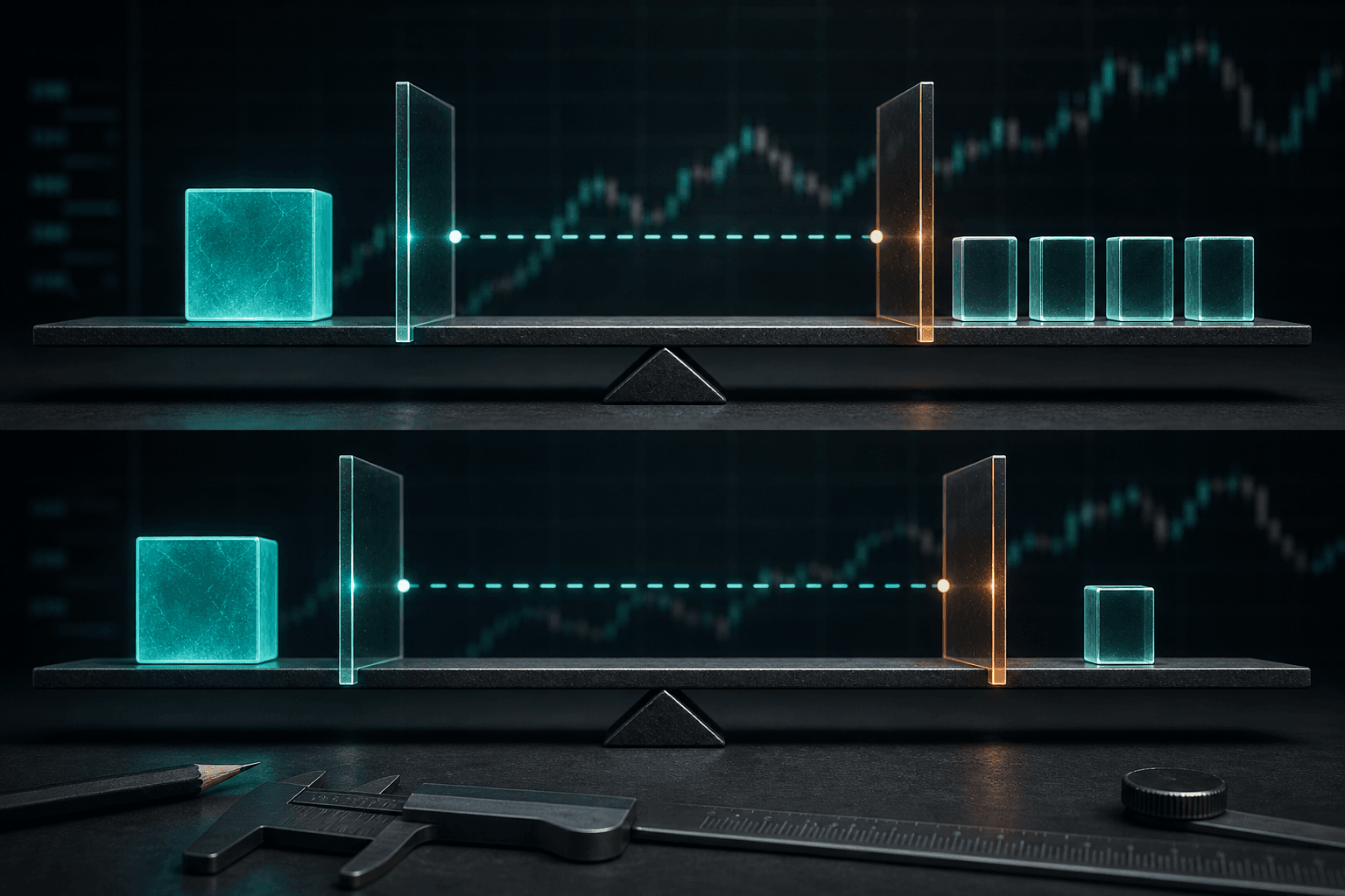 A precision balance comparing one teal block with a measured group of graphite blocks.