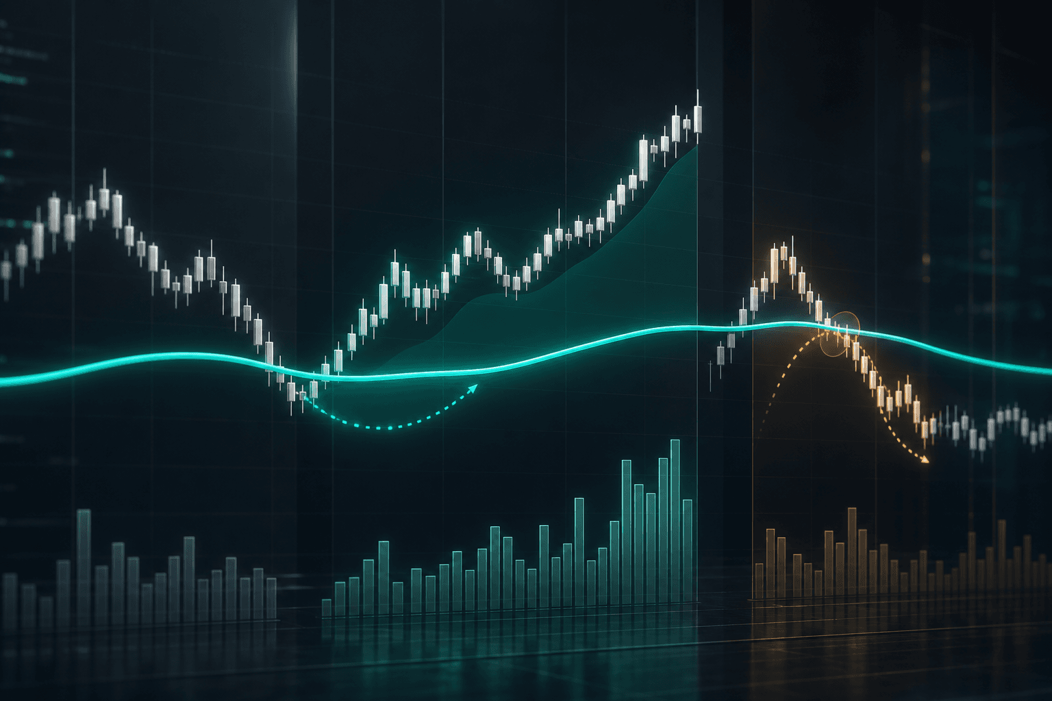Abstract teal market signals converging on selected points across smoked glass.